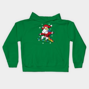 Christmas Unicorn Santa Snowboarding Kids Hoodie